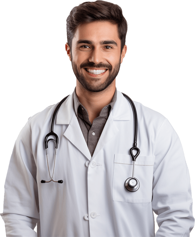 Médico sorridente com jaleco branco